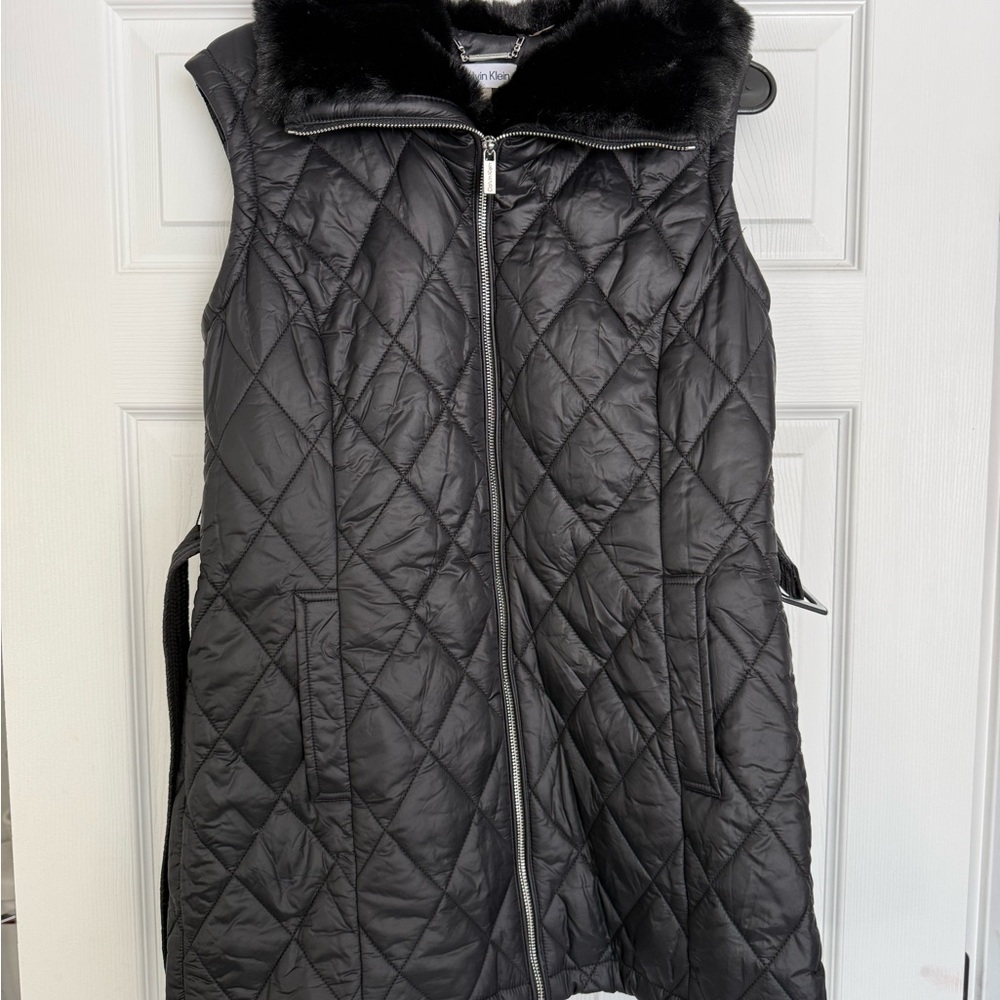 Calvin Klein Black Quilted Vest with Faux Fur